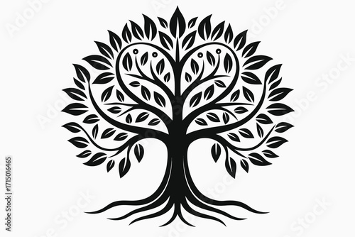 Stylized Black Tree Of Life With Heart Shaped Leaves And Roots branches