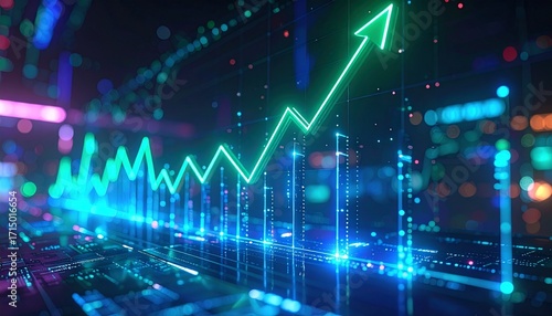 Glowing Green Upward Trend Arrow on Digital Grid with Bokeh Background