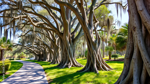 A view of aerial roots of the bald cypress trees beside a path in a park near to Fort Lauderdale, Florida on bright sunny day