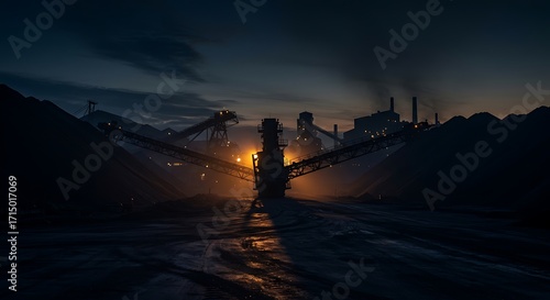 Heavy machinery operates at a coal mine during the night, illuminating the dark landscape with industrial activity and creating a moody atmosphere.