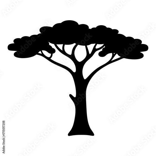 Black silhouette of a tree with rounded leaves against a white background