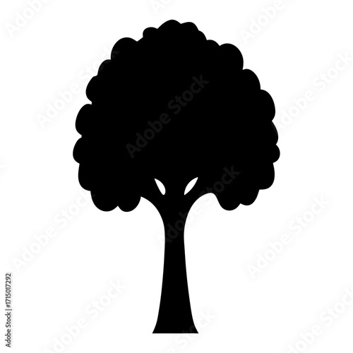 A stylized silhouette of a tree with rounded leaves and sturdy trunk