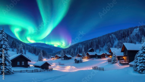 Aurora borealis paints the night sky above a snowcovered village landscape