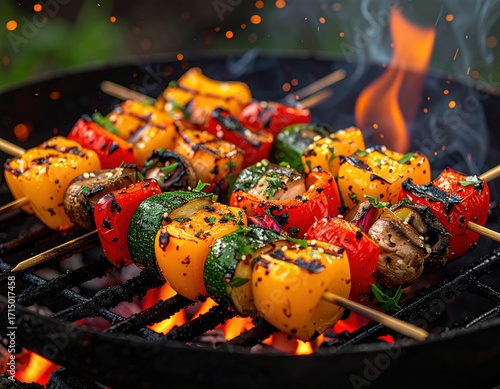 Grilled vegetable skewers on barbecue