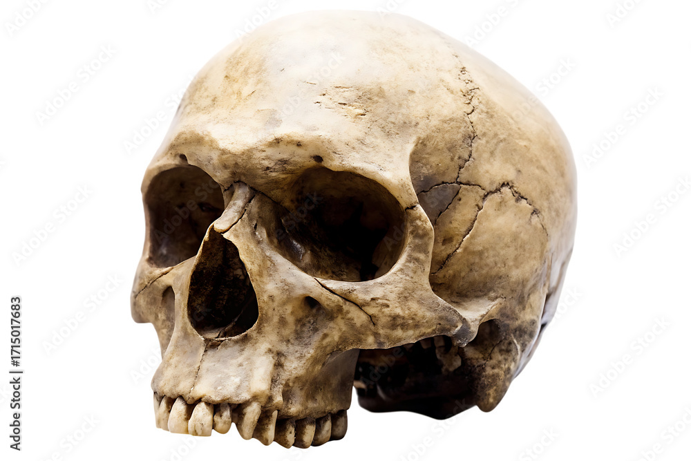 Obraz premium Human skull with detailed bone texture isolated on white background
