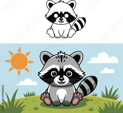 Cute cartoon raccoon character sitting in a sunny outdoor scene vector