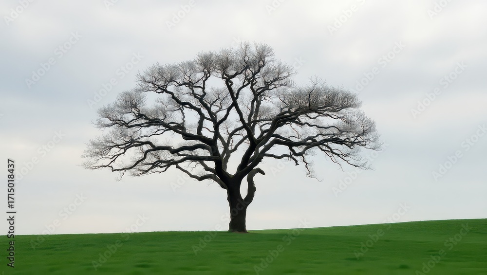 Obraz premium Lone tree with bare branches in a green field under a cloudy sky