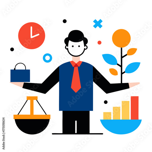 Businessman balancing time and investment with scales and plant vector illustration