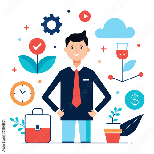 Successful businessman with business growth and development icons vector illustration