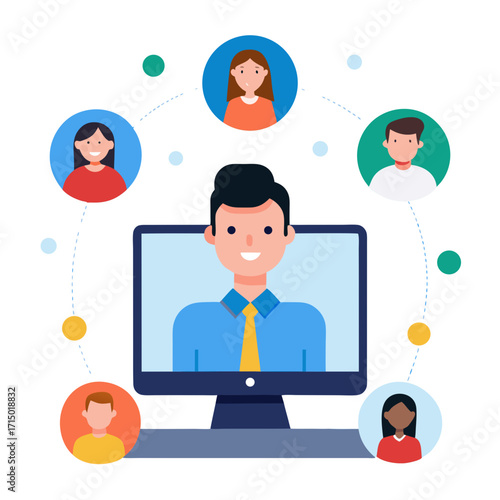 Video conference with diverse people connected to a central person on computer online meeting communication
