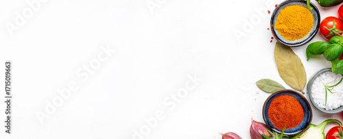 Food and cooking with spices background, Indian kitchen, white copy space, top view