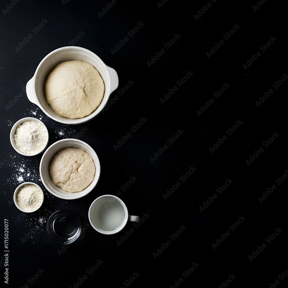 Fototapeta premium Cooking: a bowl of flour, flour for dusting, eggs, powdered milk, and a bowl of leavening, symbolizing baking, cooking, and home cooking