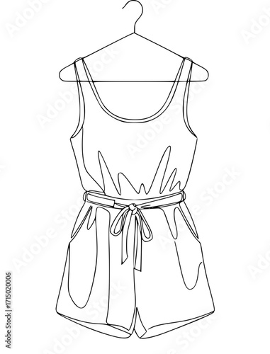 Romper hanging on a clothes hanger, sleeveless one‑piece with scoop neckline, cinched waist and tied belt, casual shorts with pockets displayed in clean, minimal style