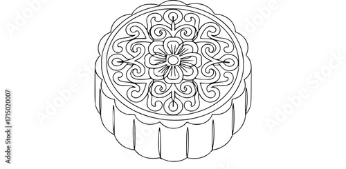 Mooncake with intricate pattern, round pastry featuring ornate floral and swirl design on top with scalloped edges, showcasing traditional craftsmanship and festive elegance