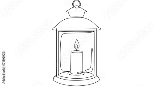 Vintage lantern with a candle inside, simple rounded frame with hanging loop enclosing a lit flame, casting a warm, timeless glow through its clear panels