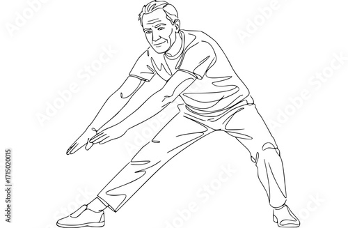 Elderly man doing stretching exercises, standing with legs apart and bending sideways to reach toward one foot, arms extended for a full side stretch in a gentle warm‑up pose