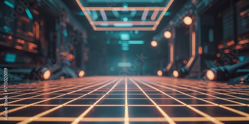 Immersive futuristic neon corridor with glowing grid floor and vibrant orange and blue lighting, perfect for sci-fi adventures and high-tech concepts