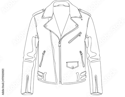 Biker jacket zipped up, classic leather style with wide lapels, asymmetrical front closure, and multiple zippered pockets, exuding a bold, timeless edge