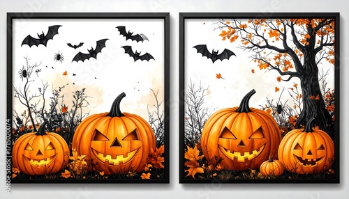 Halloween pumpkins in autumnal forest