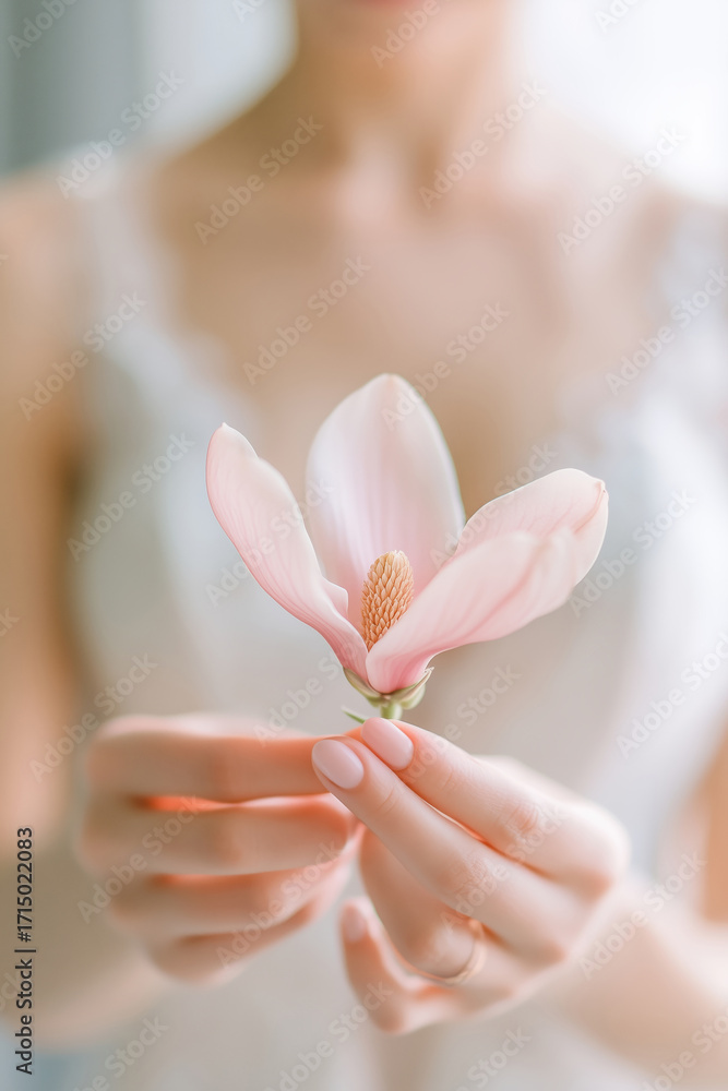 Naklejka premium Delicate magnolia flower gently held in manicured hands