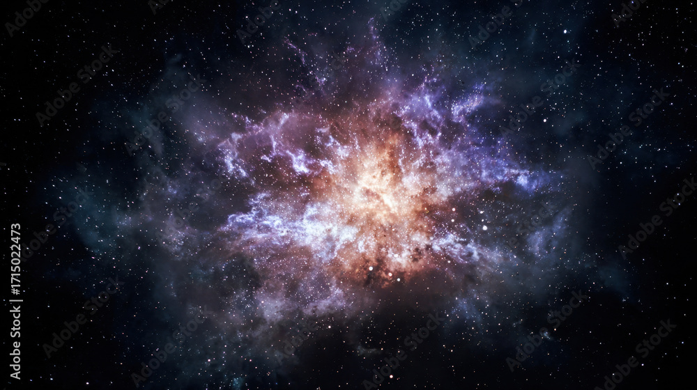 Obraz premium Vibrant cosmic explosion with swirling colors and bright star clusters in deep space surrounded by countless twinkling stars against a dark backdrop of the universe.