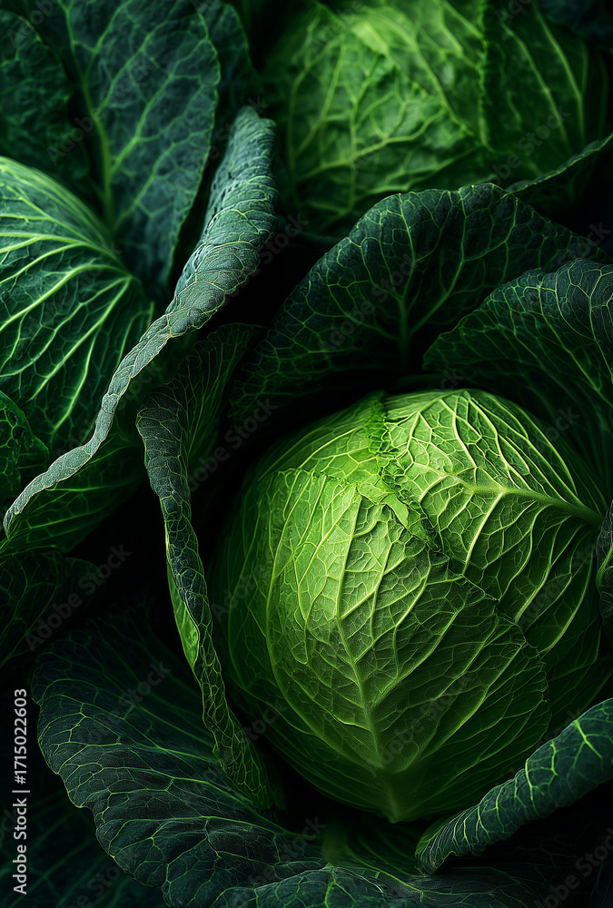 Fototapeta premium Close-up of green cabbage leaves – natural texture and pattern of fresh vegetable, perfect for organic farming, agriculture, gardening and plant-based food 
