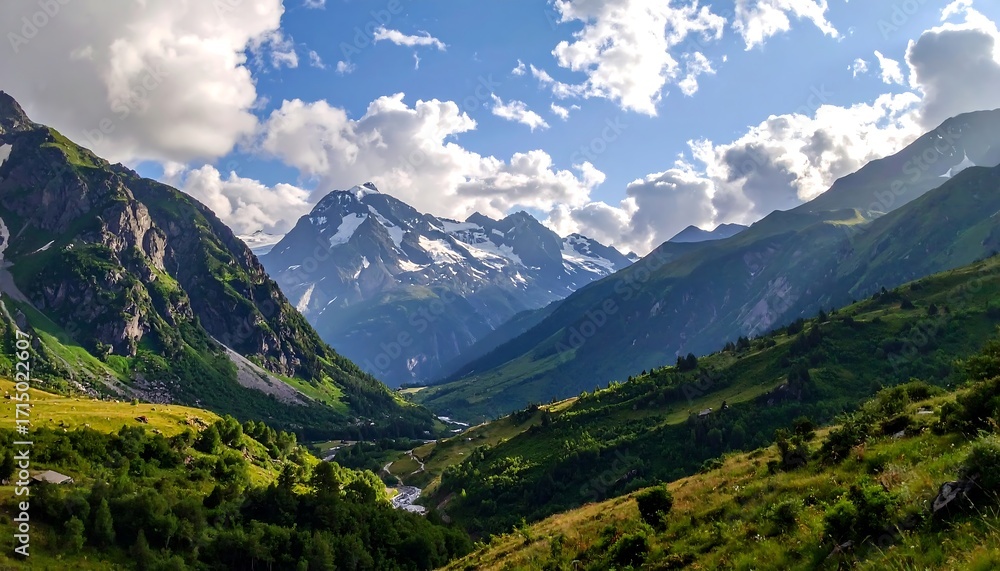 Obraz premium A vast mountain valley unfolds under a vibrant sky, showcasing rugged peaks and lush green slopes.