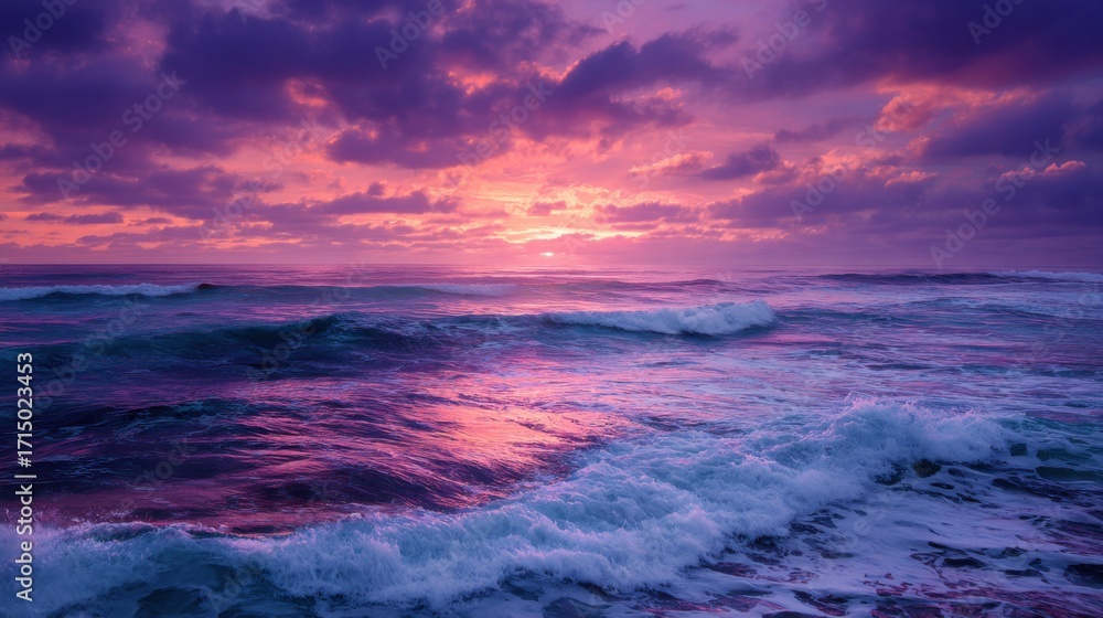 Obraz premium A vibrant sunset casts purple and pink hues across the sky as waves crash against the shore. The serene ocean scene captures the beauty of nature during early evening.
