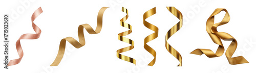Gold and rose gold ribbon set including curled, wavy, and spiral shapes isolated. Festive decoration and gift wrapping elements.