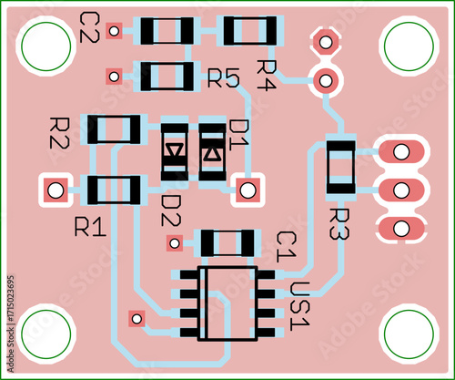 Vector printed circuit board of electronic 
device with components of radio elements, 
conductors and contact pads placed on pcb. 
Engineering technical drawing. Computer technic cad design.