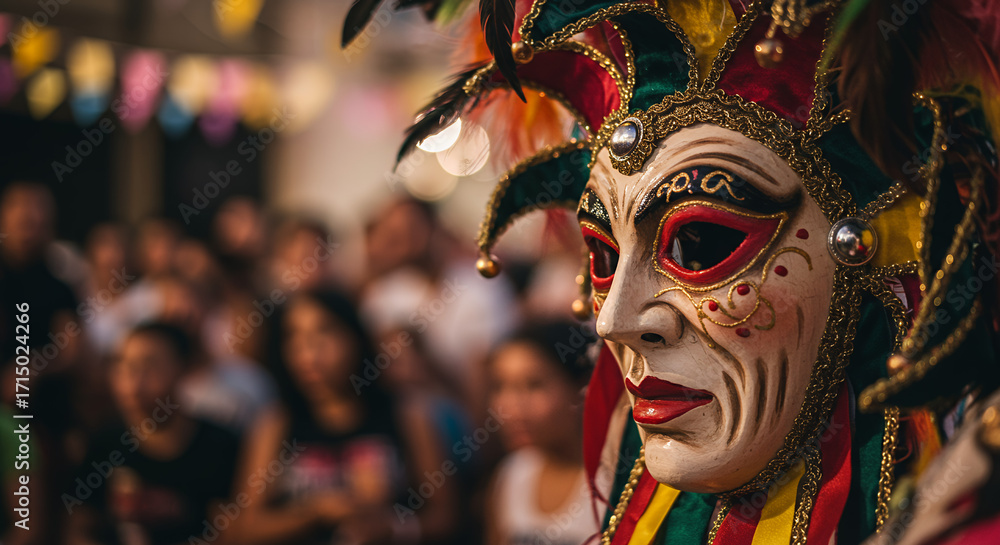 Fototapeta premium Person wearing colorful mask during festive celebration in winter