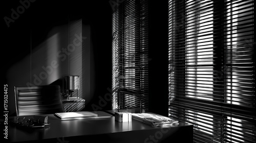 Shadow and Light: An evocative monochrome capture of an office interior, where sunlight streams through venetian blinds, casting intricate shadows and illuminating the scene.