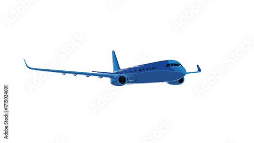 A sleek, modern blue airplane soaring through the sky.