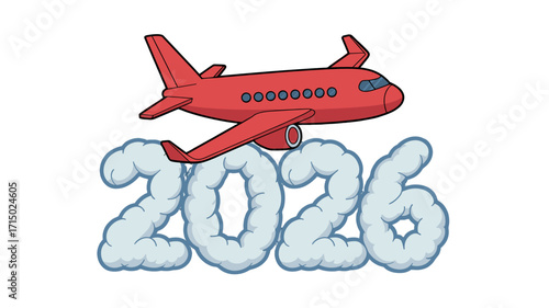 A cartoon of red airplane flying in sky with 2026 text.