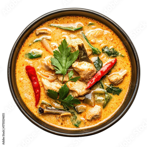 Tom kha gai curry plate food, A plate of Tom Kha Gai curry featuring chicken, coconut milk, mushrooms, and herbs, garnished with lime and cilantro, isolated on transparent background