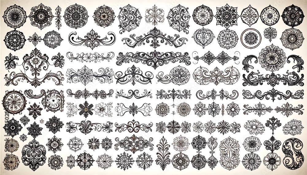 Fototapeta premium Extensive Collection of Ornate Black and White Decorative Elements