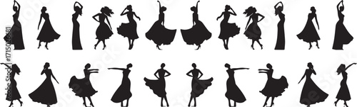 Silhouette people man and women in various poses collection.