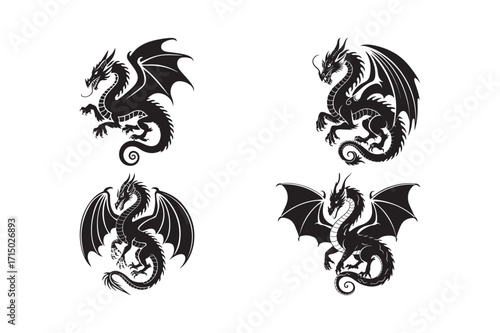 Wallpaper Mural Four stylized black silhouette dragon illustrations on white background Torontodigital.ca