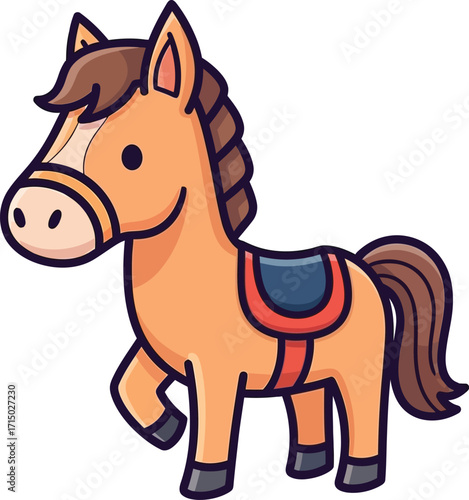 Adorable cartoon horse with saddle friendly farm animal character for childrens books and illustrations vector