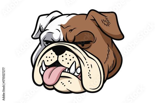 Stylized bulldog face with tongue out and droopy eyes