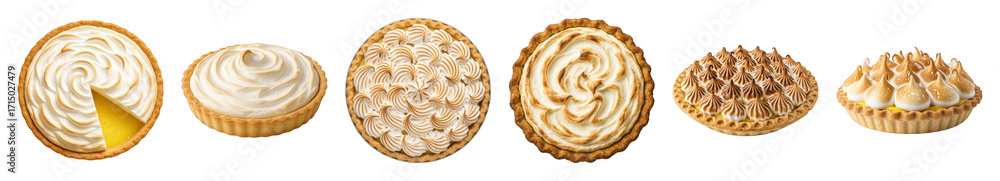 Fototapeta premium Lemon meringue desserts set including whole pies, sliced, and individual tarts with various meringue styles isolated. Bakery treats and sweet food collection.