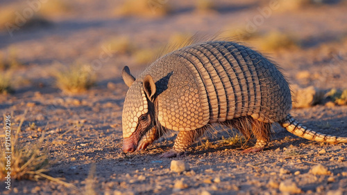 Armadillo in Desert Landscape: A close-up shot of a sturdy armadillo navigates a vast arid landscape, the harsh sunlight accentuating its unique armor and determined gaze.
