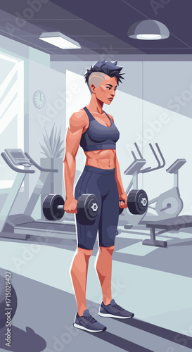 Cartoon woman lifting dumbbells in a gym on transparent background