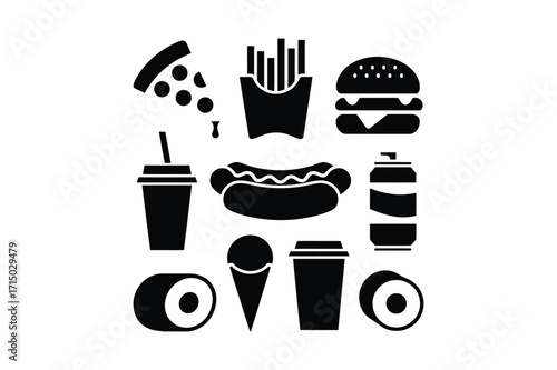 Collection of black silhouette icons representing popular fast food items