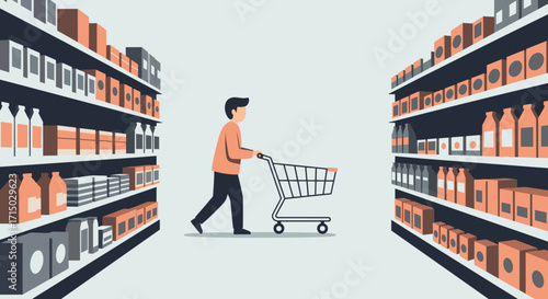 Man pushing shopping cart in grocery store aisle on transparent background