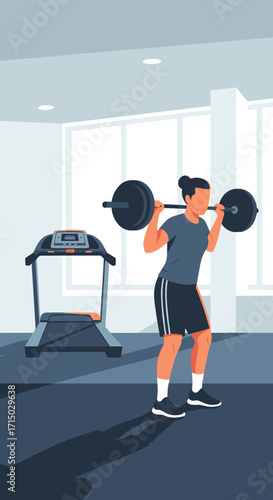 Woman doing barbell squats in gym with treadmill on transparent background