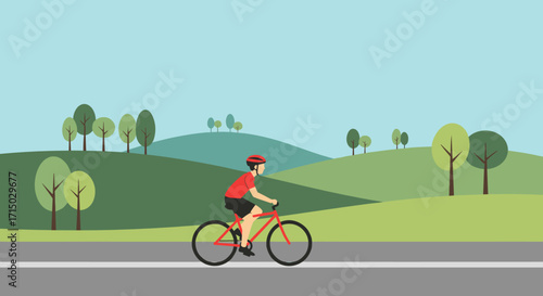 Person riding a bicycle on a road with green hills and trees on transparent background