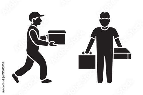 Delivery person carrying boxes and another person holding packages
