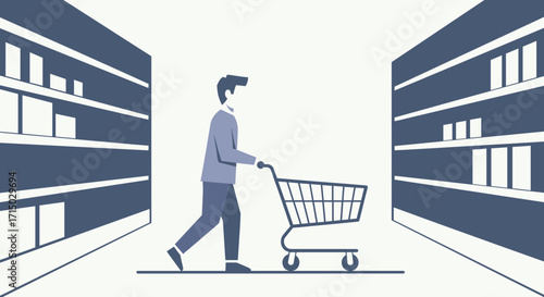 Illustration of a man pushing a shopping cart in an aisle on transparent background