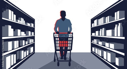 Silhouette of a person pushing a shopping cart in a supermarket aisle on transparent background
